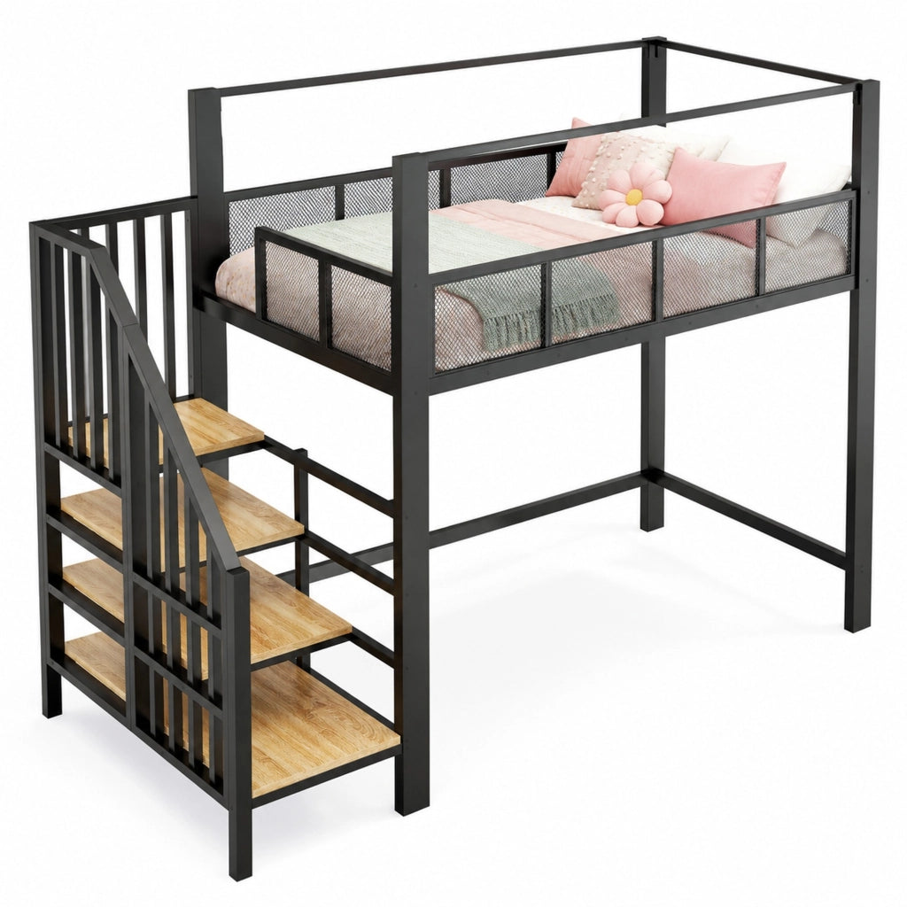 Letto a soppalco singolo con scala contenitore e baldacchino; 90 × 200 cm; senza materasso; nero