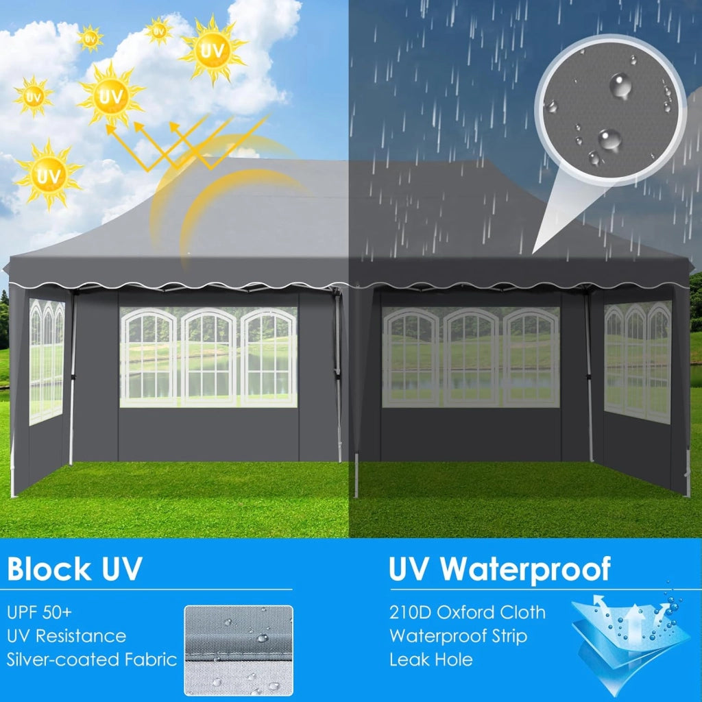 Gazebo 3x6 Pieghevole Impermeabile, altezza 290–300–310 cm, Protezione UV 50+, Tenda con 4 Pareti Laterali, 12 Ganci, 6 Corde e 6 Sacchi di Sabbia, Gazebo da Giardino per Campeggio, Matrimoni, Grigio