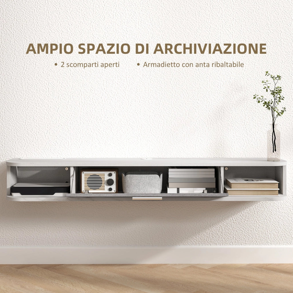 Mobile TV Sospeso 2 Ripiani e 1 Vano Chiuso a Ribalta 120x26x16 cm Bianco e Grigio