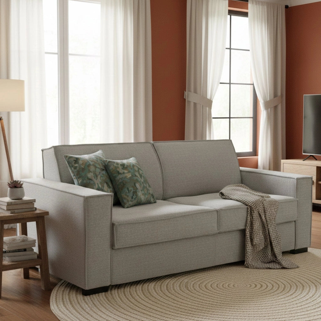 Divano Letto Alk, Divano a 2 posti, Made in Italy, SofÒ  Soggiorno con apertura girevole, in tessuto imbottito, con Braccioli slim, cm 160x95h90, Grigio