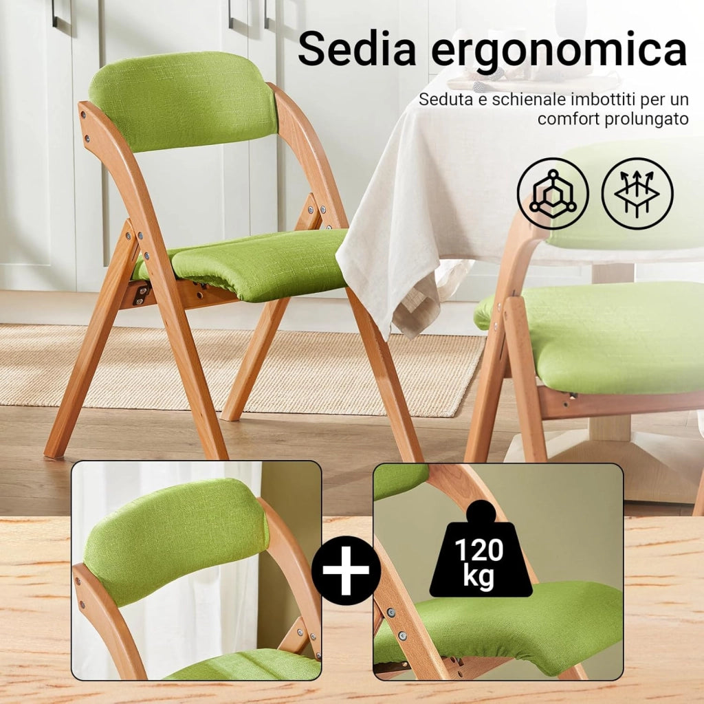 Sedia Pieghevole in Legno – Poltrona Imbottita da Cucina, Sedie da Interno Ufficio, Balcone, Giardino – Sedie Pieghevoli Salvaspazio Richiudibili in Faggio, Verde FST92-GR