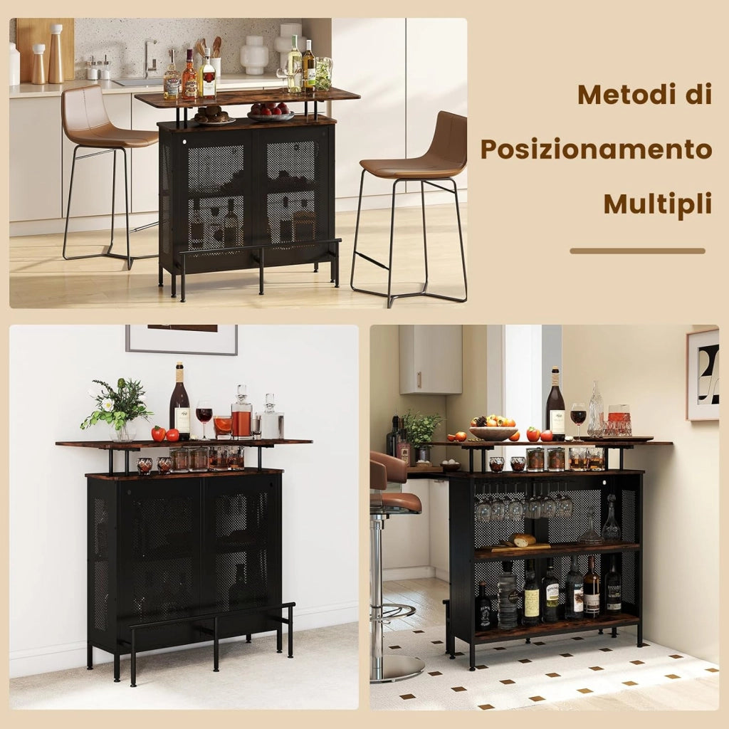 Mobile Portabottiglie a 4 Livelli, Portabottiglie per Vino da Terra con 2 Ripiani Porta Vini e Porta Calici, per Cantine, Sala da pranzo e Cucina (Naturale, 120 x 50 x 106,5 cm)
