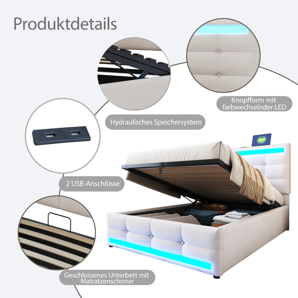DESMIU Letto imbottito 90 × 200 cm 1 posto con LED RGB, 2 porte USB, testiera regolabile, senza materasso, beige