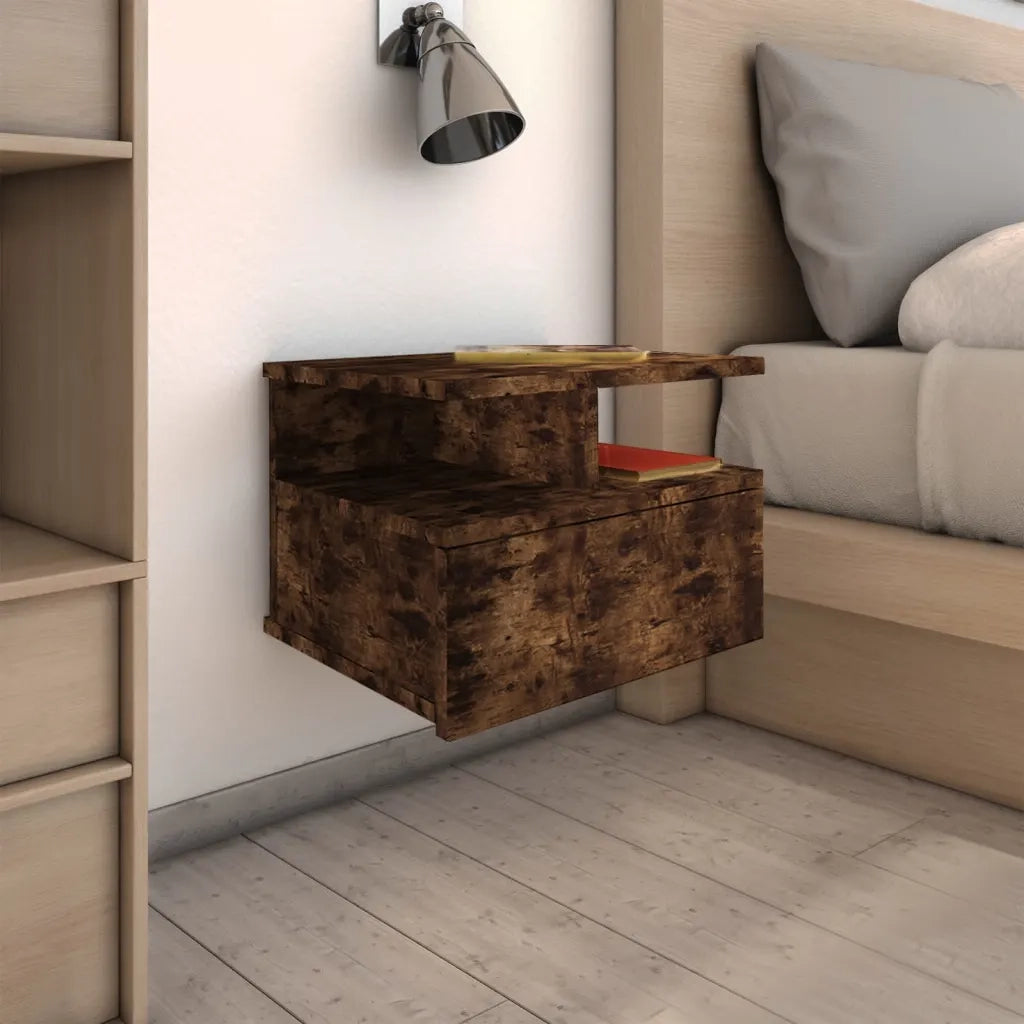 Comodino | Armadio da Notte | Mobiletto da notte Pensile Rovere Fumo 40x31x27 cm in Legno Multistrato