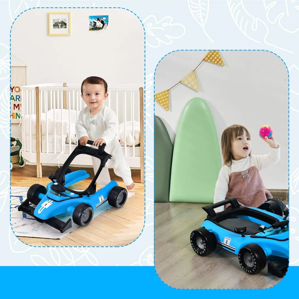 Girello per Bambini 4 in 1, Girello Pieghevole con Altezza e Velocità Regolabili, Carillon con Luci, Volante e Sedile, Primi Passi per Bambini 6-18 Mesi, Portata 15 kg (Blu)