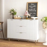 Credenza Moderna con 3 Cassetti, 2 Armadietti e Ripiani Regolabili, Legno e Metallo, Bianco