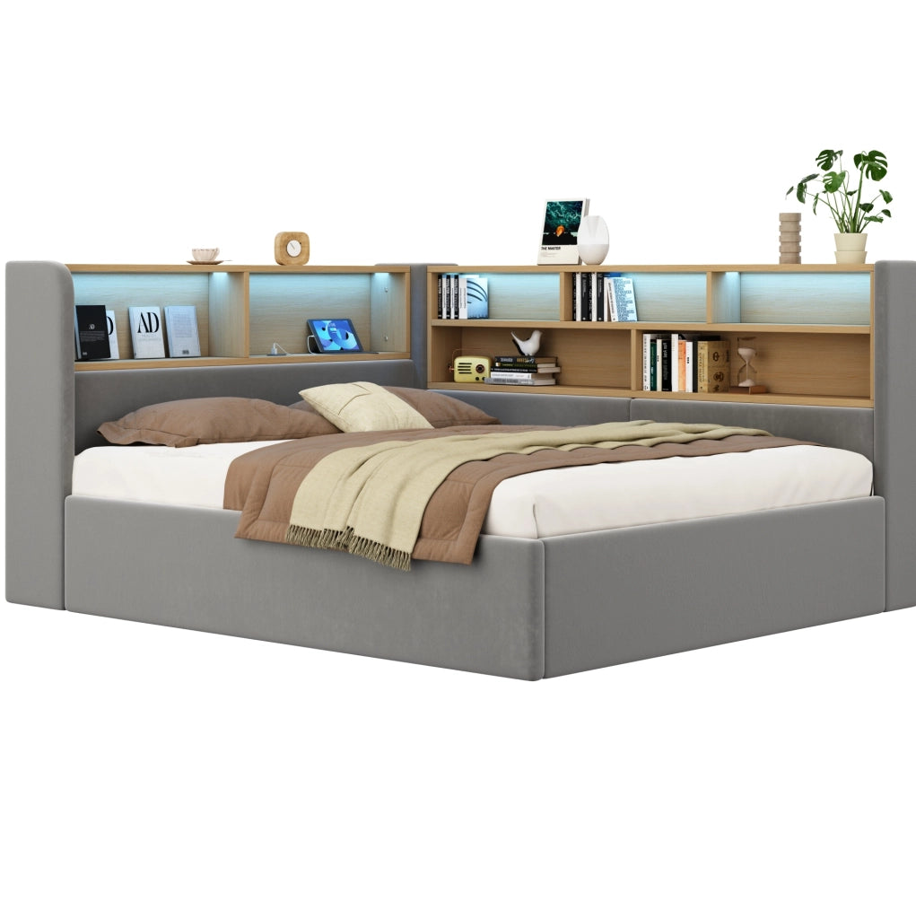 Letto imbottito 140x200 cm con contenitore idraulico, LED e porte USB