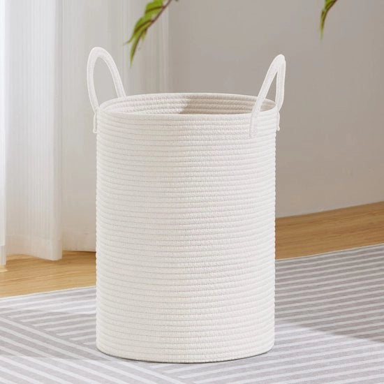 Wascio con maniglia di corda intrecciata, contenitore per bambini con coperchio per abbigliamento, giocattoli, asciugamani, 38 cm × 50 cm, bianco