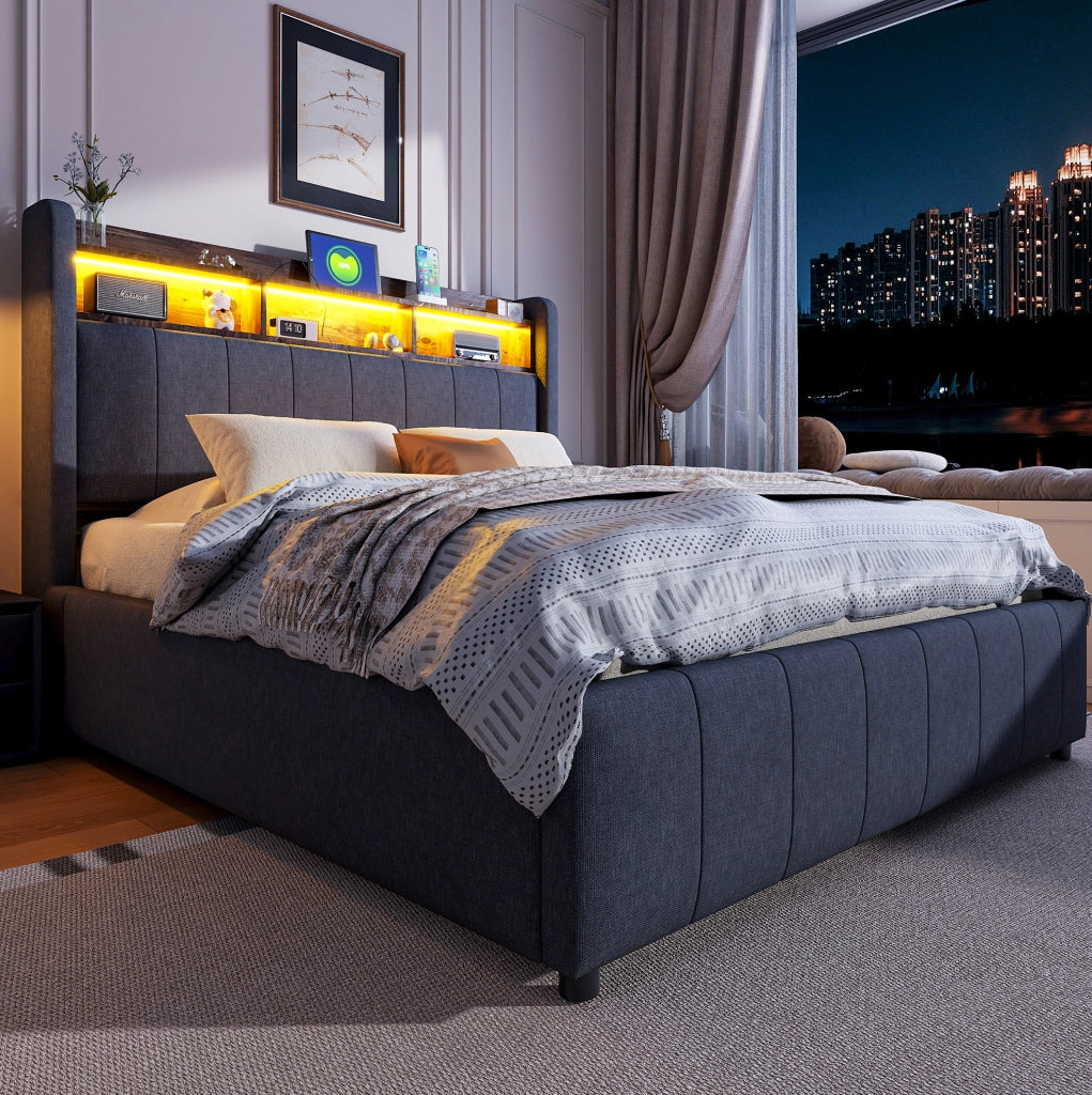 Letto imbottito 140x200 cm con LED, USB e contenitore idraulico