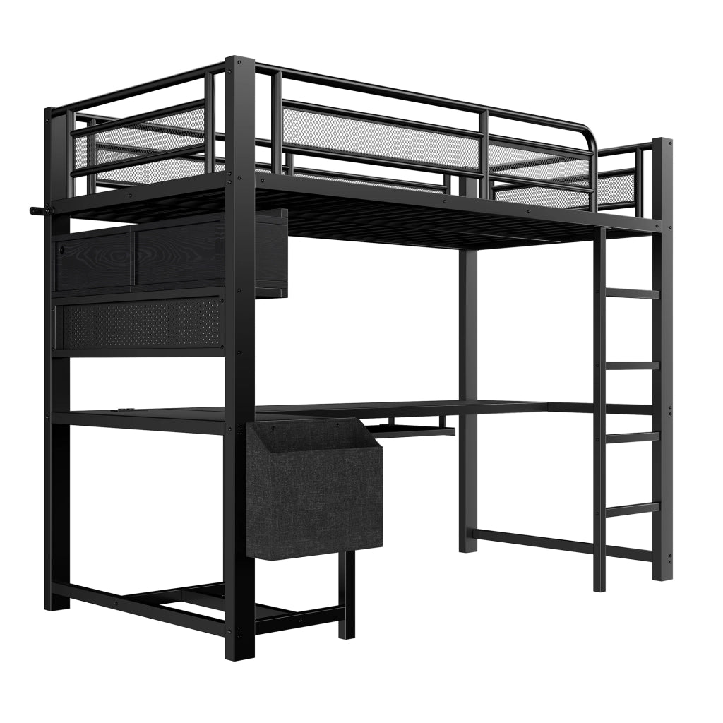 LETTO a soppalco 90x200 cm con scrivania, LED, prese USB, nero