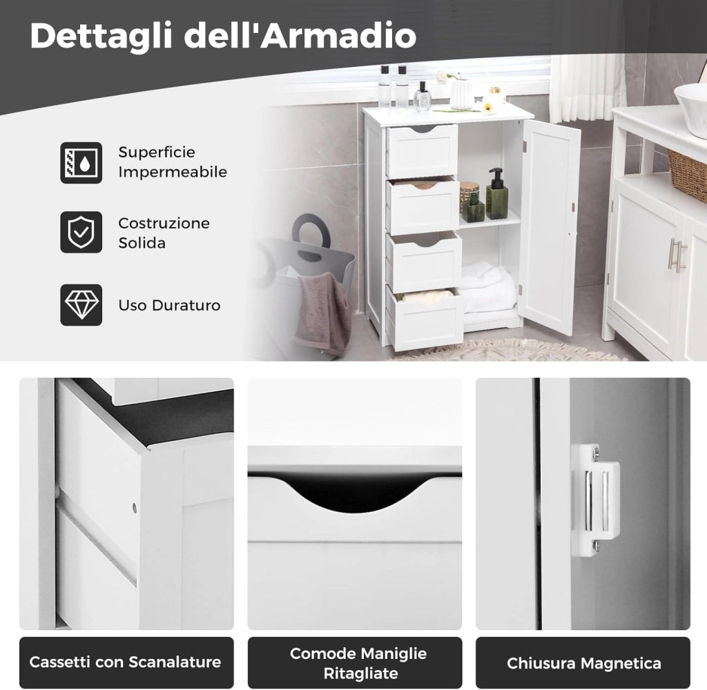 Mobiletto da Pavimento per Bagno con 4 Cassetti e 1 Anta, Mobile Multiuso con Ripiano Regolabile, Mobile da Terra in Legno per Soggiorno, Bagno, 56 x 30 x 82 cm (Bianco)