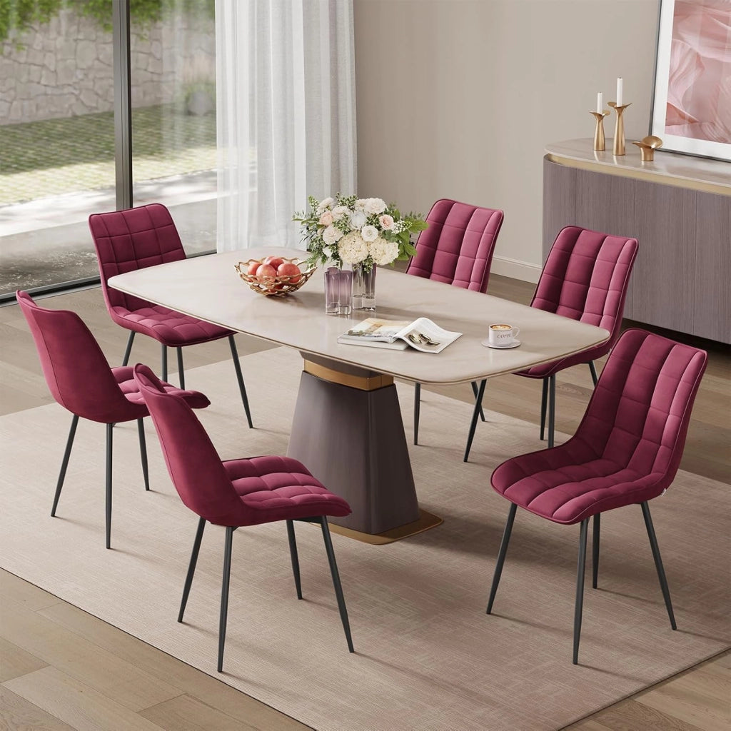 BH142bd-6 Sedie Sala da Pranzo Design Retrò Sgabello Imbottito con Rivestimento in Velluto Bordeaux 6 Pezzi