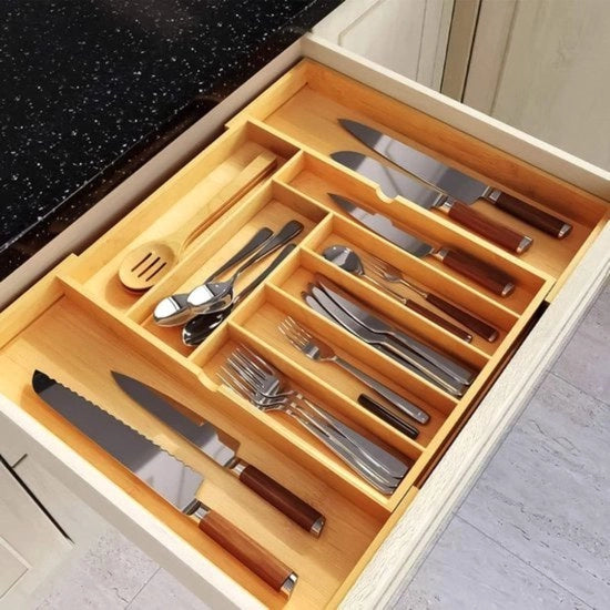 Organizzatore per posate in legno per cassetti a scorrimento - Estensibile fino a 9 contenitori - Organizzatore per cucina per posate 47 cm profondo