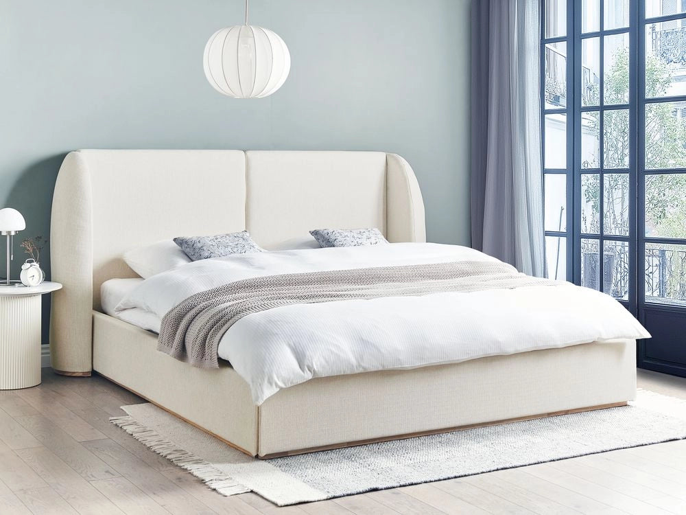 Letto matrimoniale con contenitore rivestito in tessuto bianco sporco con ampia testata 180 x 200 cm camera da letto elegante