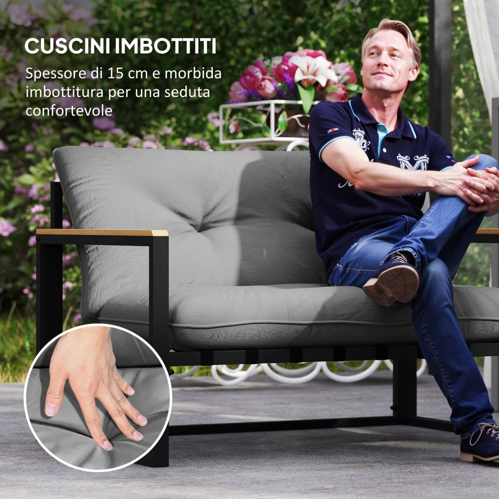 Set da Giardino 4 Pezzi con 2 Sedie, Divanetto 2 Posti e Tavolino, in Acciaio e Poliestere Grigio Chiaro e Nero