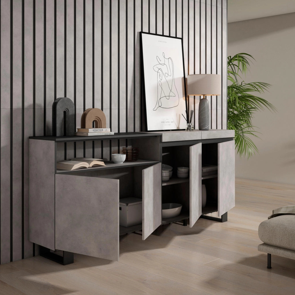 Credenza, Mobile, 200x35x87cm, 4 Porte, Design industriale, grigio cemento RF2368