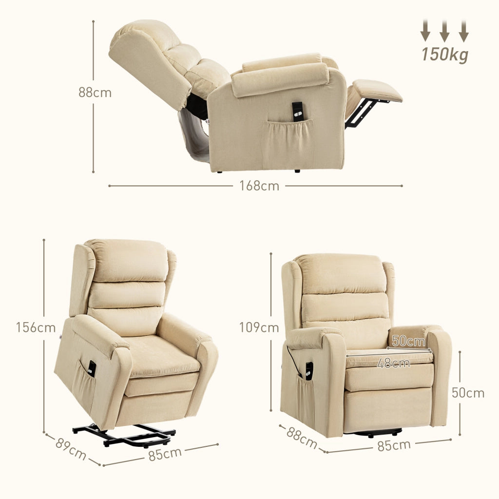 EasyComfort Poltrona Alzapersona Reclinabile a 160° con Poggiapiedi e Telecomando, in Velluto, 85x88x109 cm, Crema
