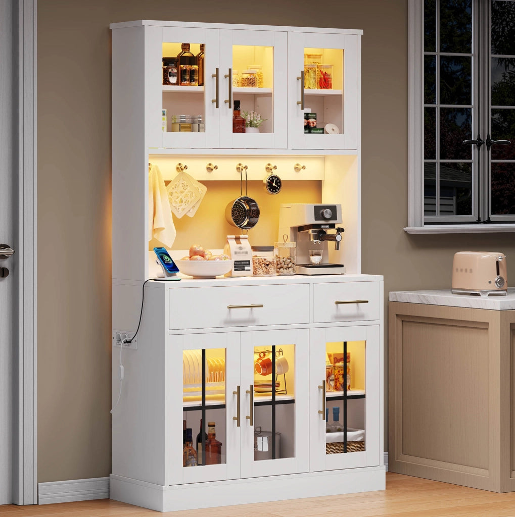 Credenza da cucina con illuminazione LED APP; 6 ante e 2 cassetti; 180 cm; bianco in MDF