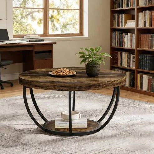 Tavolino rotondo a 2 livelli in legno e metallo, stile Rustic