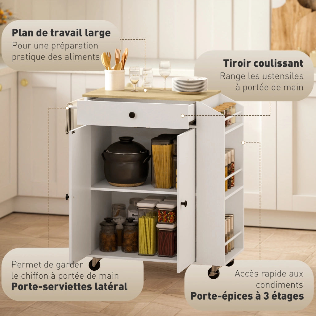 Carrello da cucina mobile con cassetto e ante ¨C Xylo ¨C Bianco 82x38x86,5 cm