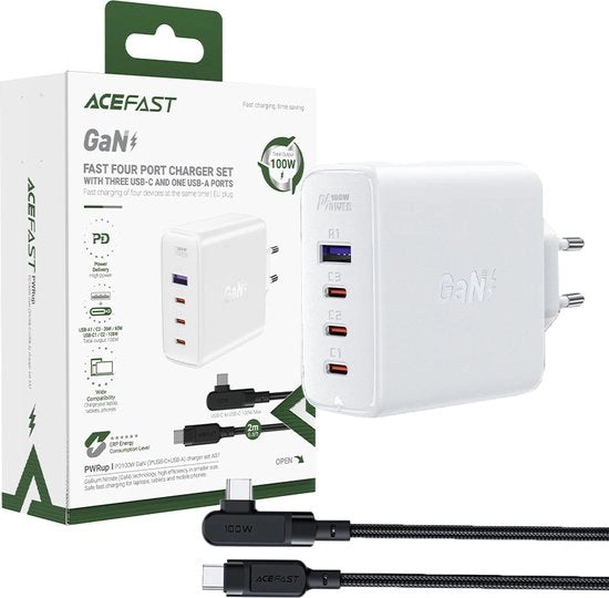 Caricatore GaN 3x USB-C/1x USB-A 100W con cavo USB-C - USB-C 100W 2m bianco