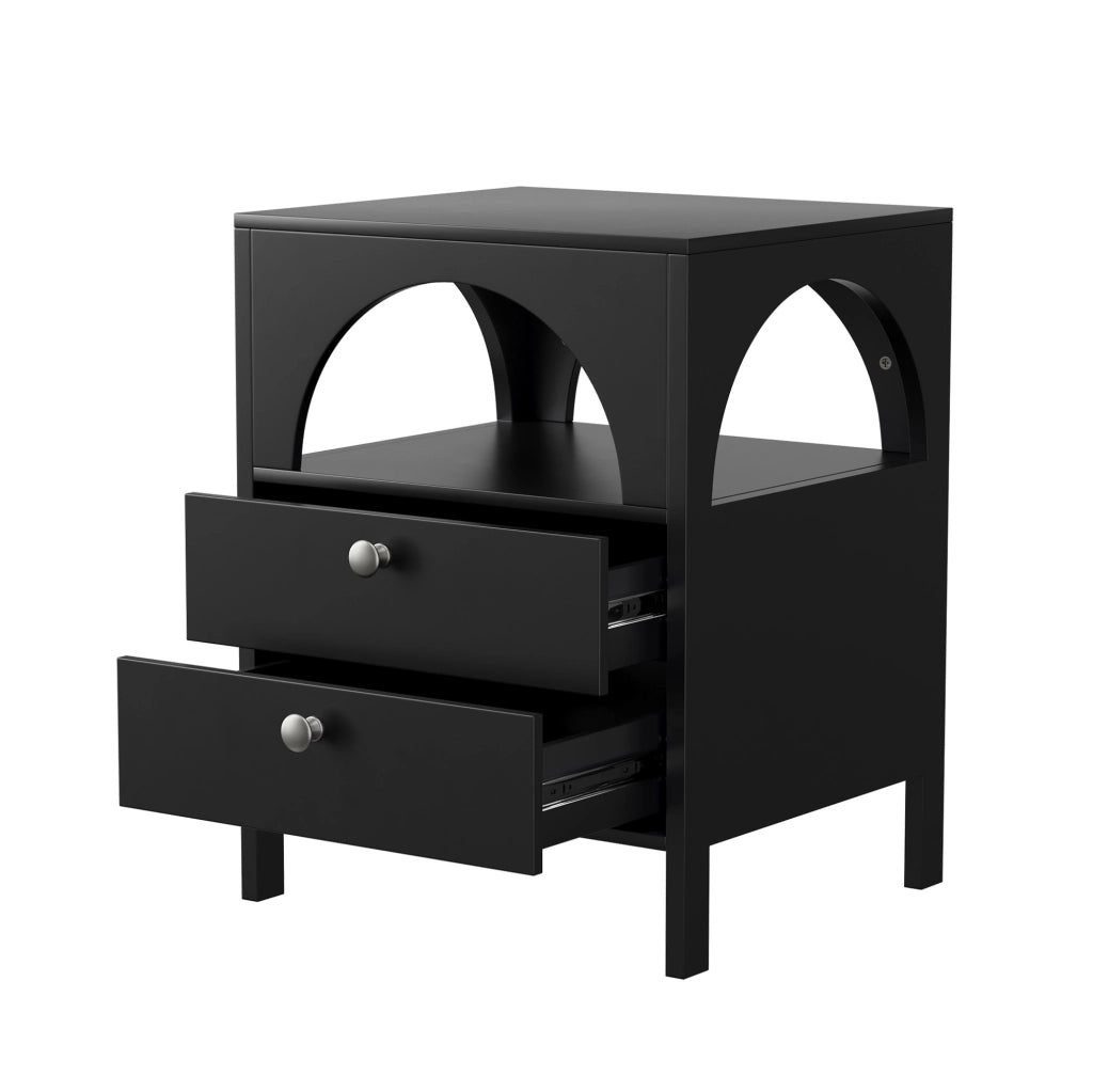 Comodino moderno 45x40x58 cm con 2 cassetti e vano aperto in MDF nero