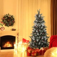 Albero di Natale Innevato 150cm con Bacche Rosse e Pigne Bianche, Base Rimovibile Pieghevole, 440 Rami, Verde