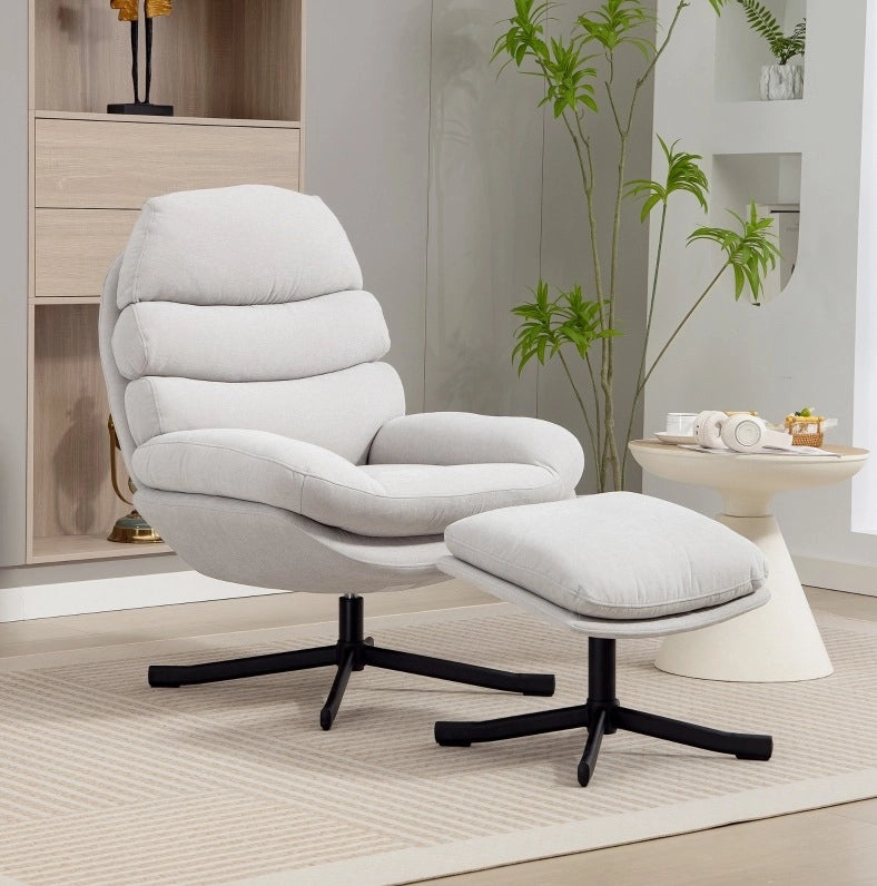 Poltrona relax girevole con pouf in ciniglia crema