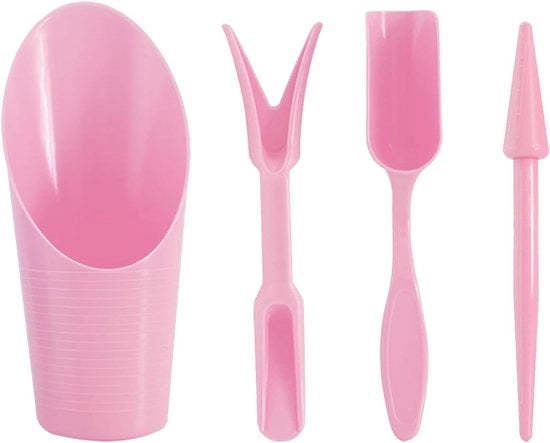 Kit di giardinaggio mini con 4 pezzi: contenitore per piante da interni, zappa per terriccio, paletta per giardino, cucchiaio per trasferimento e cura