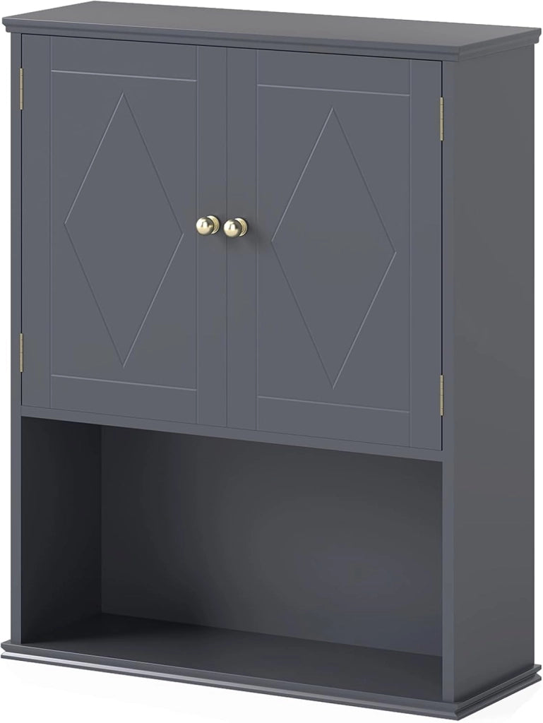 Mobile da Bagno, Armadietto a 2 Ante con Ripiano Regolabile, Armadio da Parete con Mensola Semi-aperta per Asciugamani, Prodotti per la Cura della Pelle e Articoli da Bagno (Grigio)