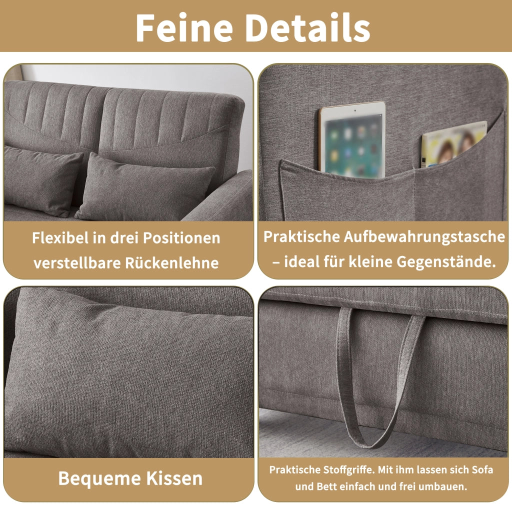 OKWISH Divano Letto 2 Posti, Schienale Regolabile in 3 Posizioni, Design Estraibile con 2 Cuscini, Tessuto Cotone Lino, Grigio