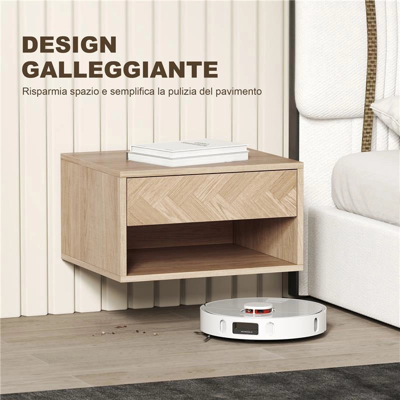SET DI 2 COMODINI SOSPESI MODERNI CON CASSETTO E VANO APERTO, 37X32X21 CM, LEGNO NATURALE