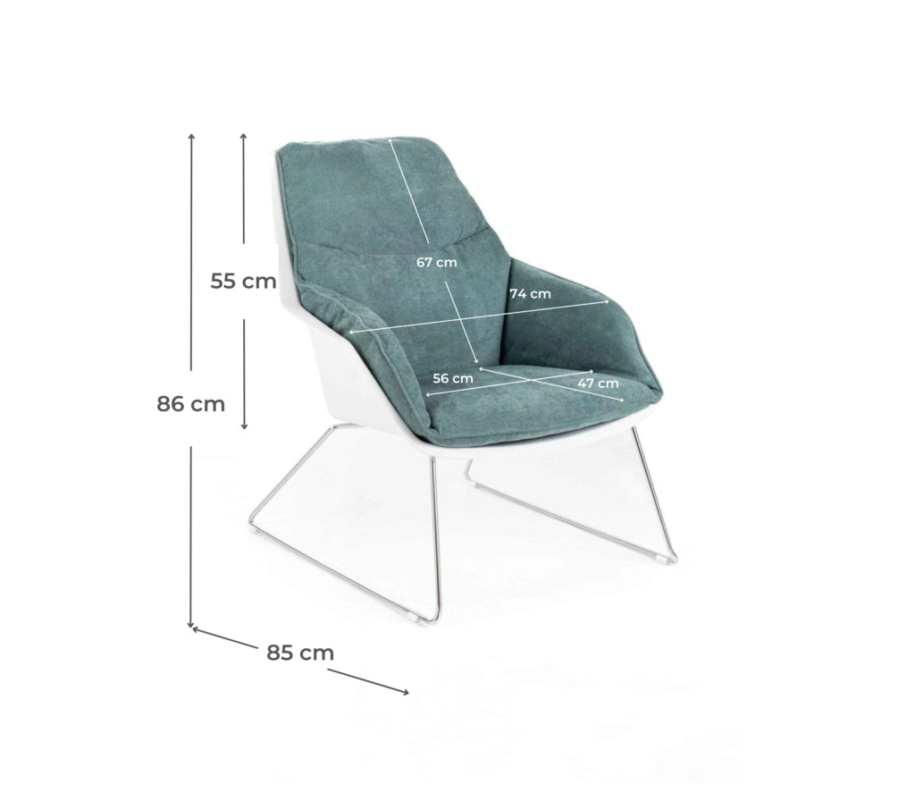 Poltrona Grace con struttura in polipropilene e base in metallo, seduta imbottita in tessuto colore acquamarina - Design Moderno
