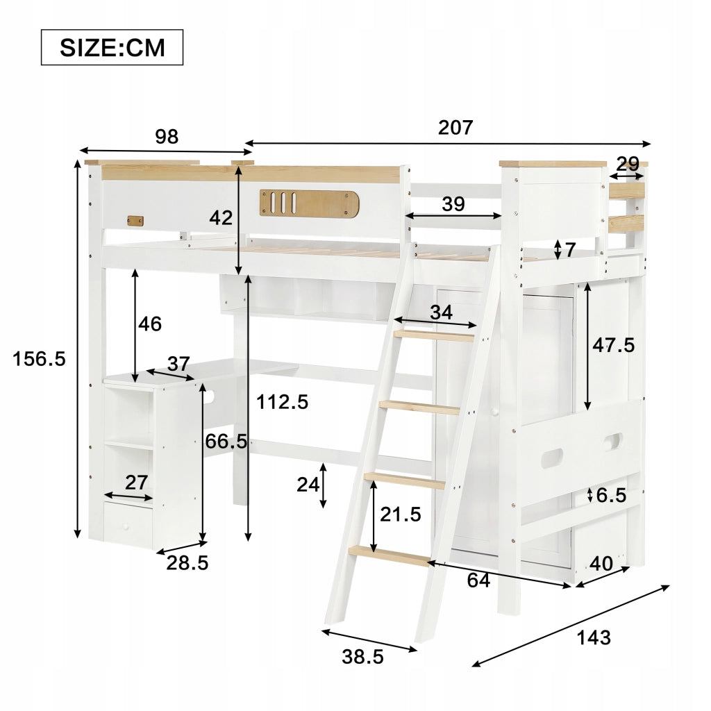 Letto a castello con scrivania - Xylo - 90x200cm - Pino+MDF - Bianco+Naturale