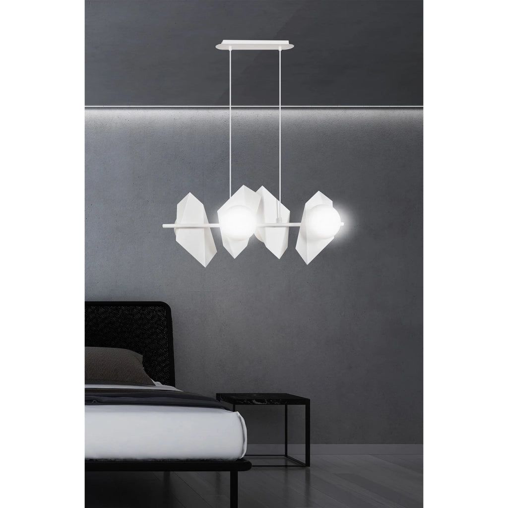 Lampadario 4 Luci Moderno Parvati In Acciaio Bianco E Sfere Vetro Opalino