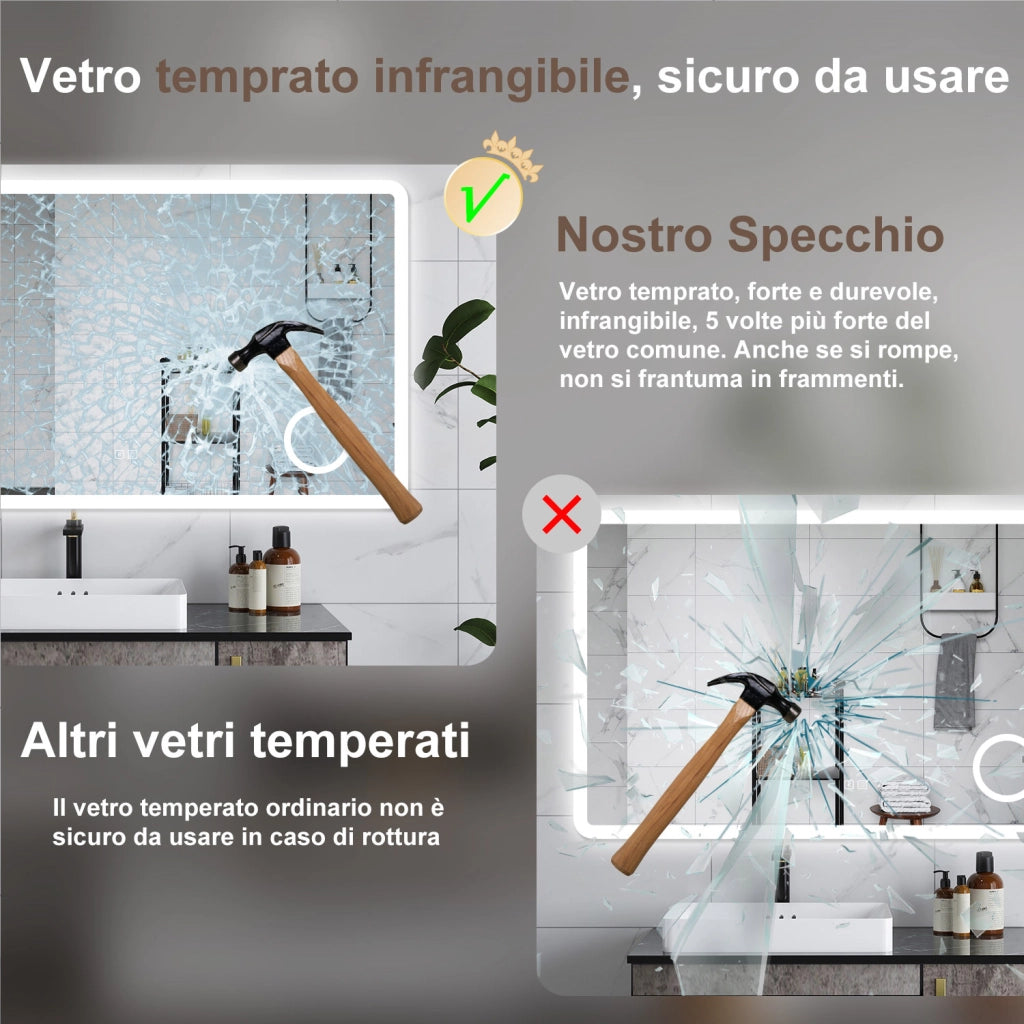 AICA Specchio da bagno  120 x 70 cm, dimmerabile, Blue tooth, Funzione Memoria, antiappannamento, 3 colori, Magnificatore