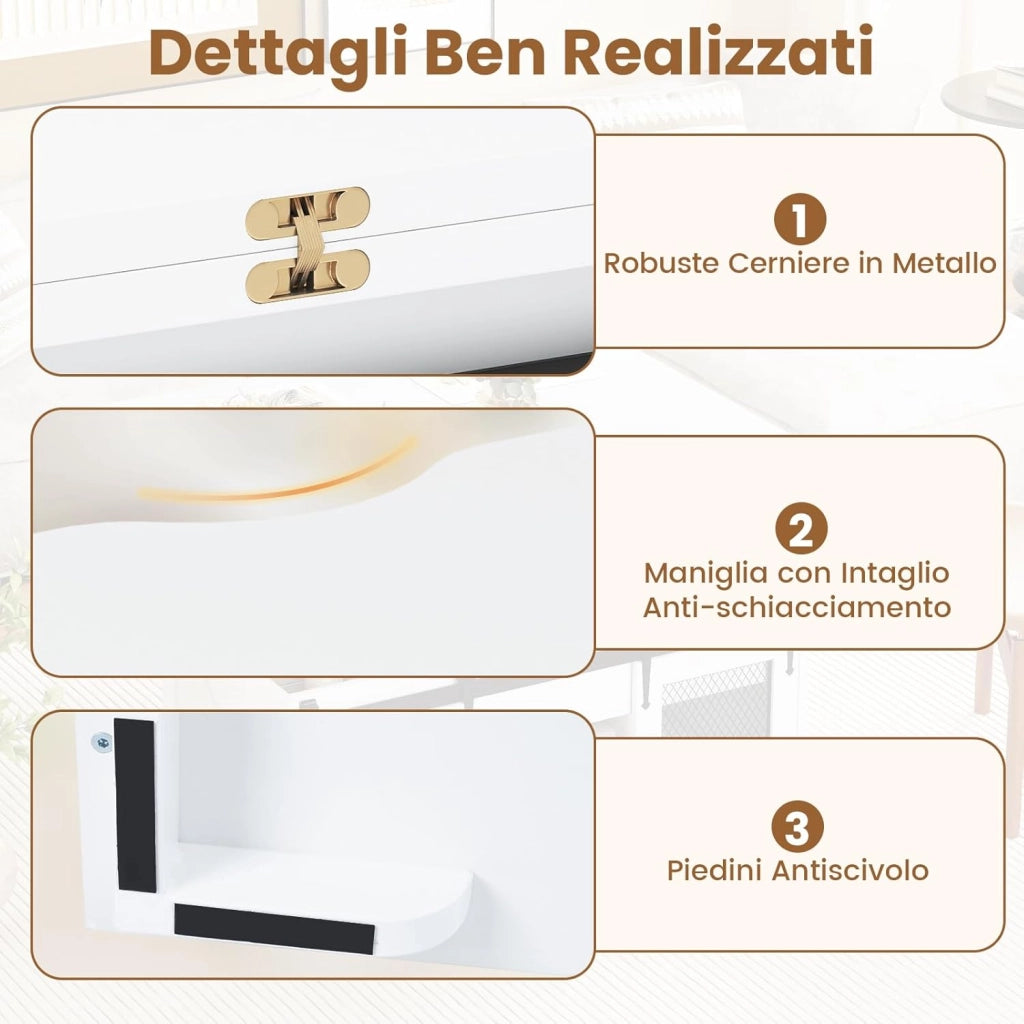 Tavolino da Salotto con Piano Sollevabile e Pieghevole, 3 in 1 Tavolo Convertibile e Salvasapzio con 2 Ante Scorrevoli, Ripiani Aperti, 3 Scomparti Nascosti e Piedini Antiscivolo (Bianco)