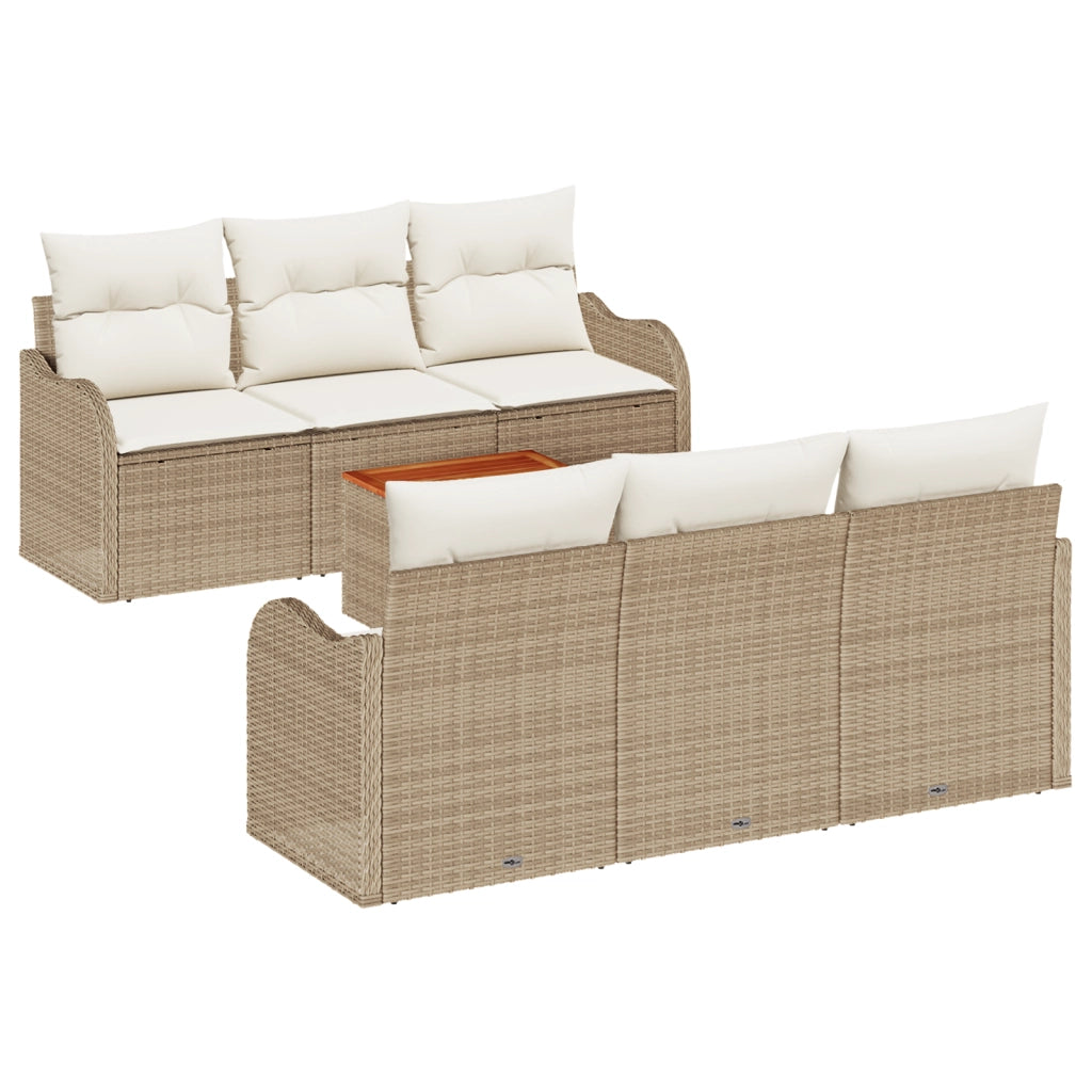 Set Divano da Giardino 7 Pezzi con Cuscini Beige Rattan Sintetico Acacia