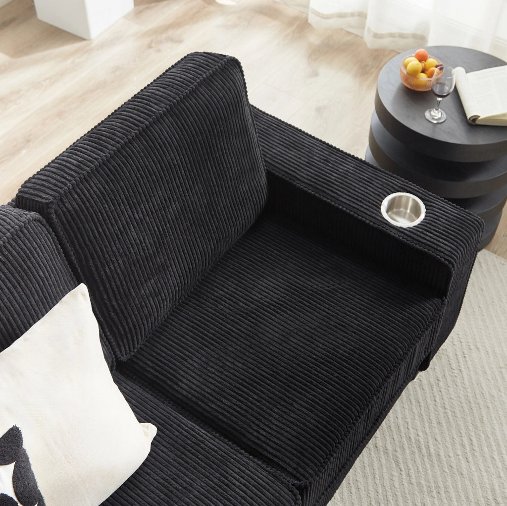 Divano 3 posti in corduroy nero con portabicchieri; 206 cm