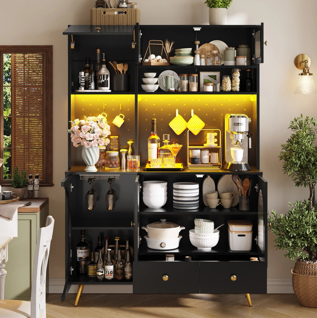 Credenza 120x40x176 cm con LED; prese USB e AC in MDF e vetro nero