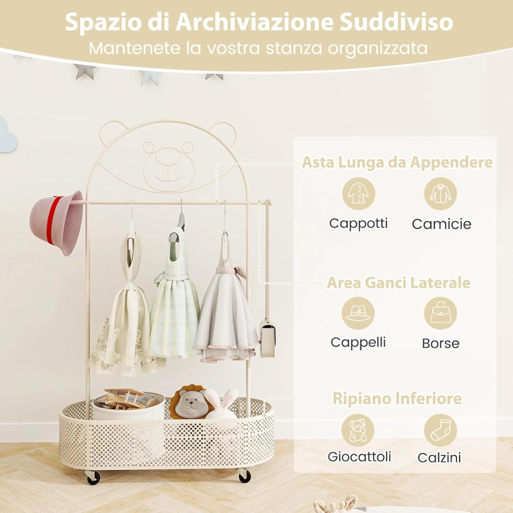 Appendiabiti per Bambini con 3 Altezze Regolabili, Supporto per Abiti con Ruote, con Asta e Cesto Portaoggetti in Ferro, per Stanza dei Bambini Soggiorno, 81x34x182 cm (Bianco)