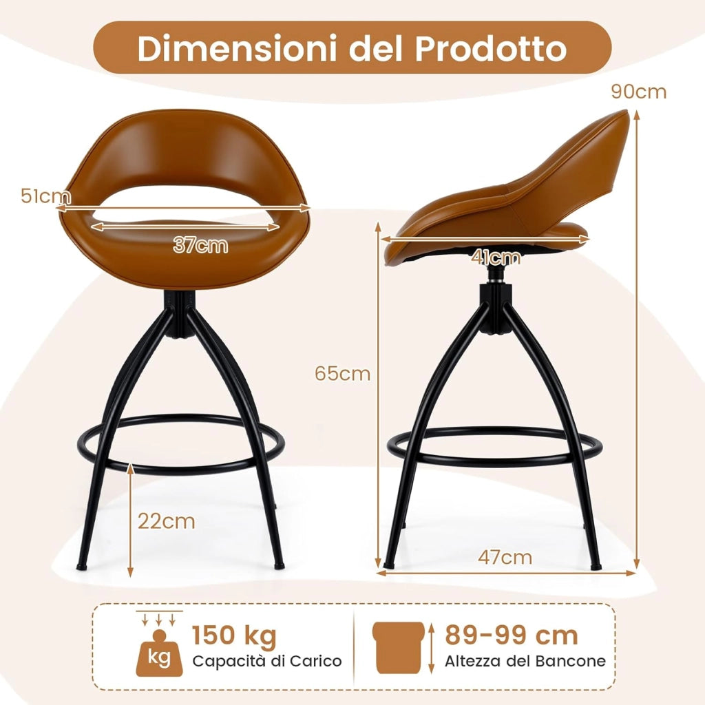 Set di 2 Sgabelli da Bar Girevoli 360° con Schienale e Poggiapiedi | Sedie da Pranzo Imbottite in Finta Pelle per Bar, Isola della Cucina e Sala da Pranzo, con Portata 150 kg
