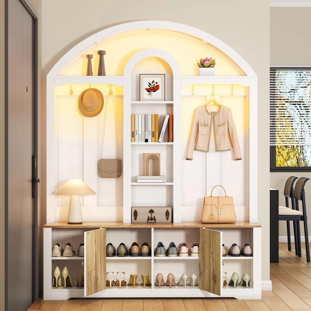 Mobile d'ingresso con 2 Ante; 3 Nicchie e Ganci; con Striscia LED USB; Stile Scandinavo; in MDF; 150??40??195 cm; Bianco