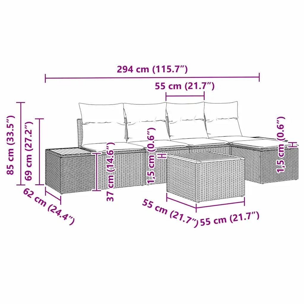 Set Divano da Giardino con cuscino 6 pcs Nero Poly Rattan 3348068