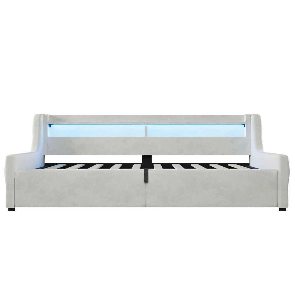 Letto Contenitore Imbottito ¨C Minimal ¨C Velluto Crema 90x200 cm con LED e Idraulico