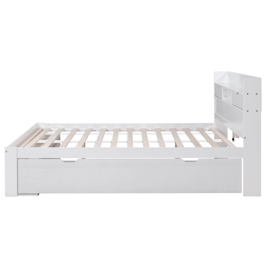 Letto matrimoniale 140x190 cm con USB; contenitore e cassetti; bianco in legno di pino