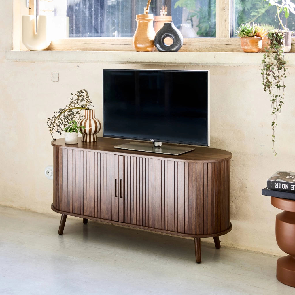 Mobile tv scandinavo con 2 ante scorrevoli, 120cm, noce