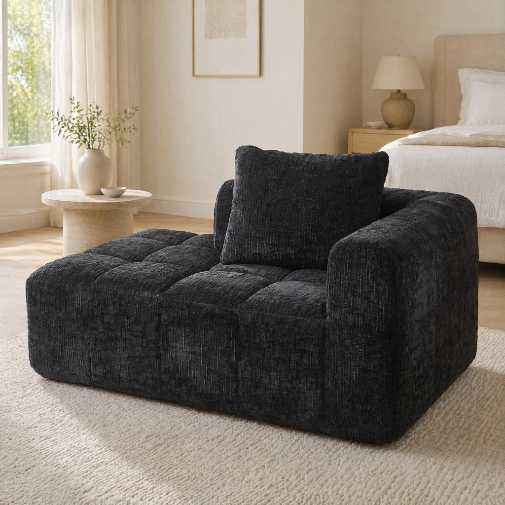 Chaise longue moderna in chenille nera, con tasche laterali, cuscino incluso, 158×90×60 cm