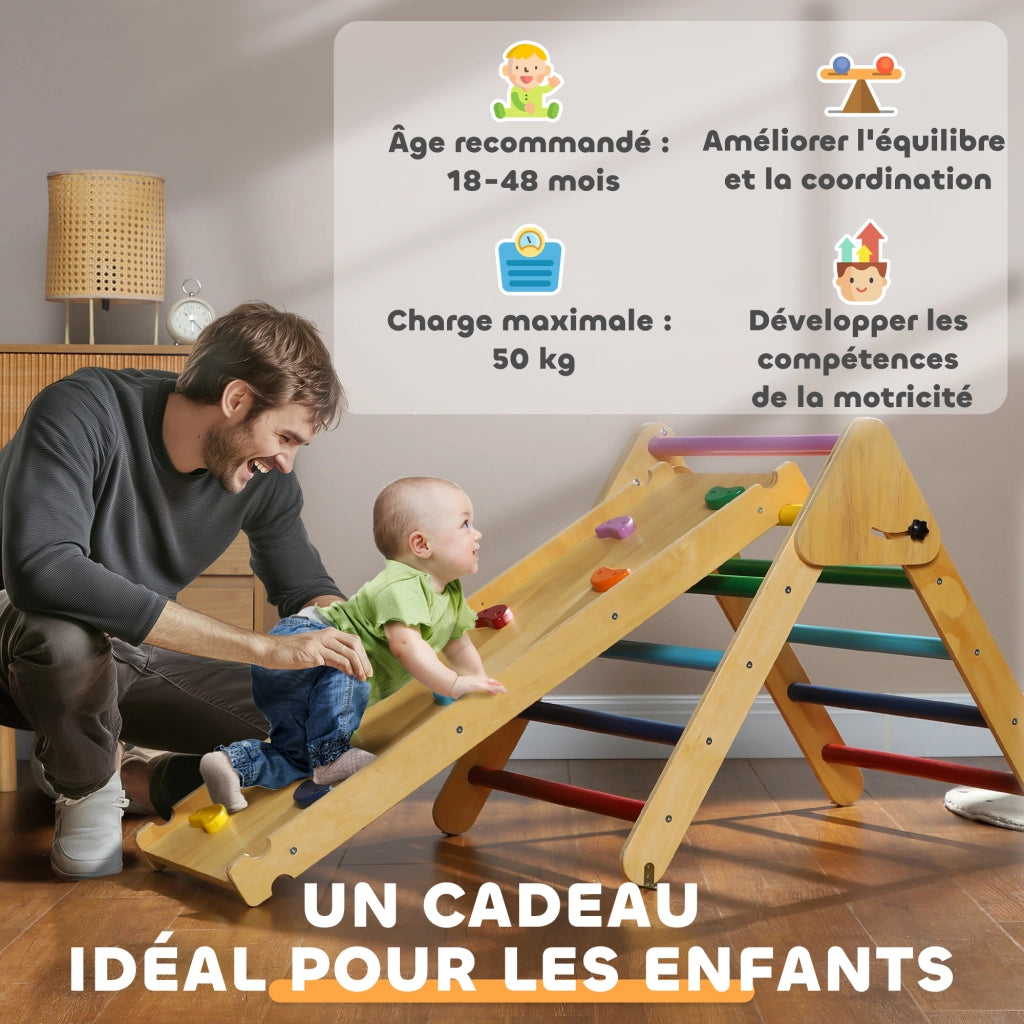 Triangolo da arrampicata 3 in 1 ¨C Xylo ¨C rampa double face, scivolo, legno naturale, 147x64,5x63 cm