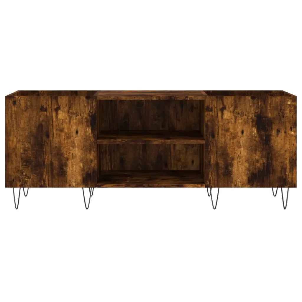 Mobile porta dischi in legno composito effetto rovere affumicato 121 x 38 x 48 cm con vano contenitore e stile industriale 02_0049093
